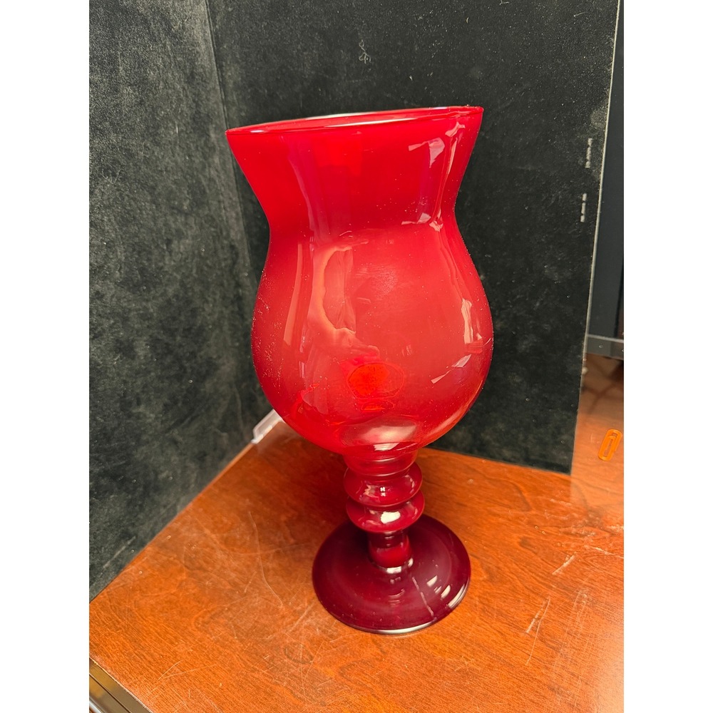 Vintage Ruby Red Glass Hurricane‎ Vase Footed Pedestal Centerpiece Flared Rim